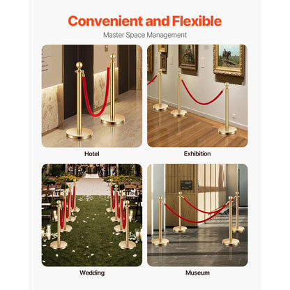Stanchion Posts with Red Velvet Rope Set - Gold Crowd Control Barrier, 201 Stainless Steel Queue Poles with Sand-Fillable Base & 4-Way Connectors, for Wedding Event Party Museum Hotel, 4/6/8 Pcs