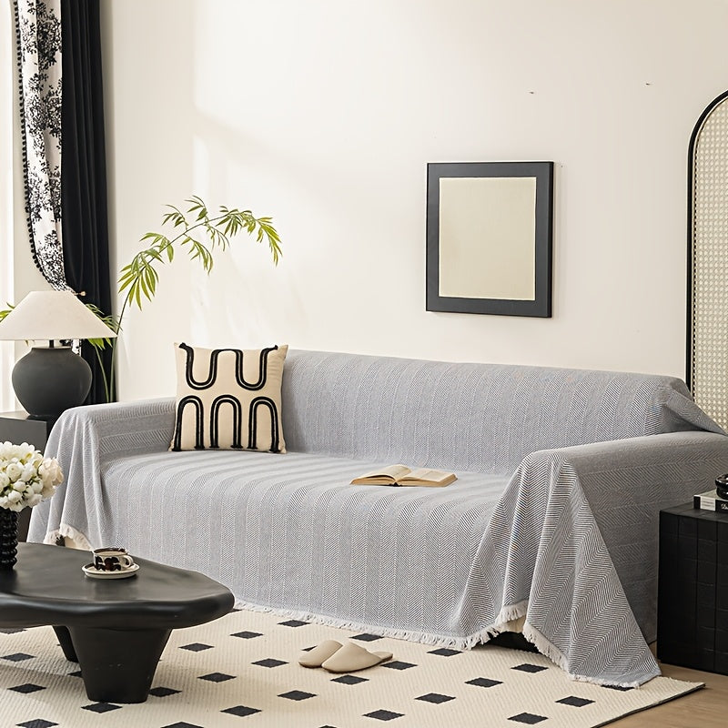 1pc of Herringbone Patterned Solid Color Sofa Cover, a Modern And Versatile Throw for Sofas, Designed to Be with Tassels, Made from Washable Polyester Fabric, Suitable for Single, Double, Triple, And Quadruple-Seater Sofas