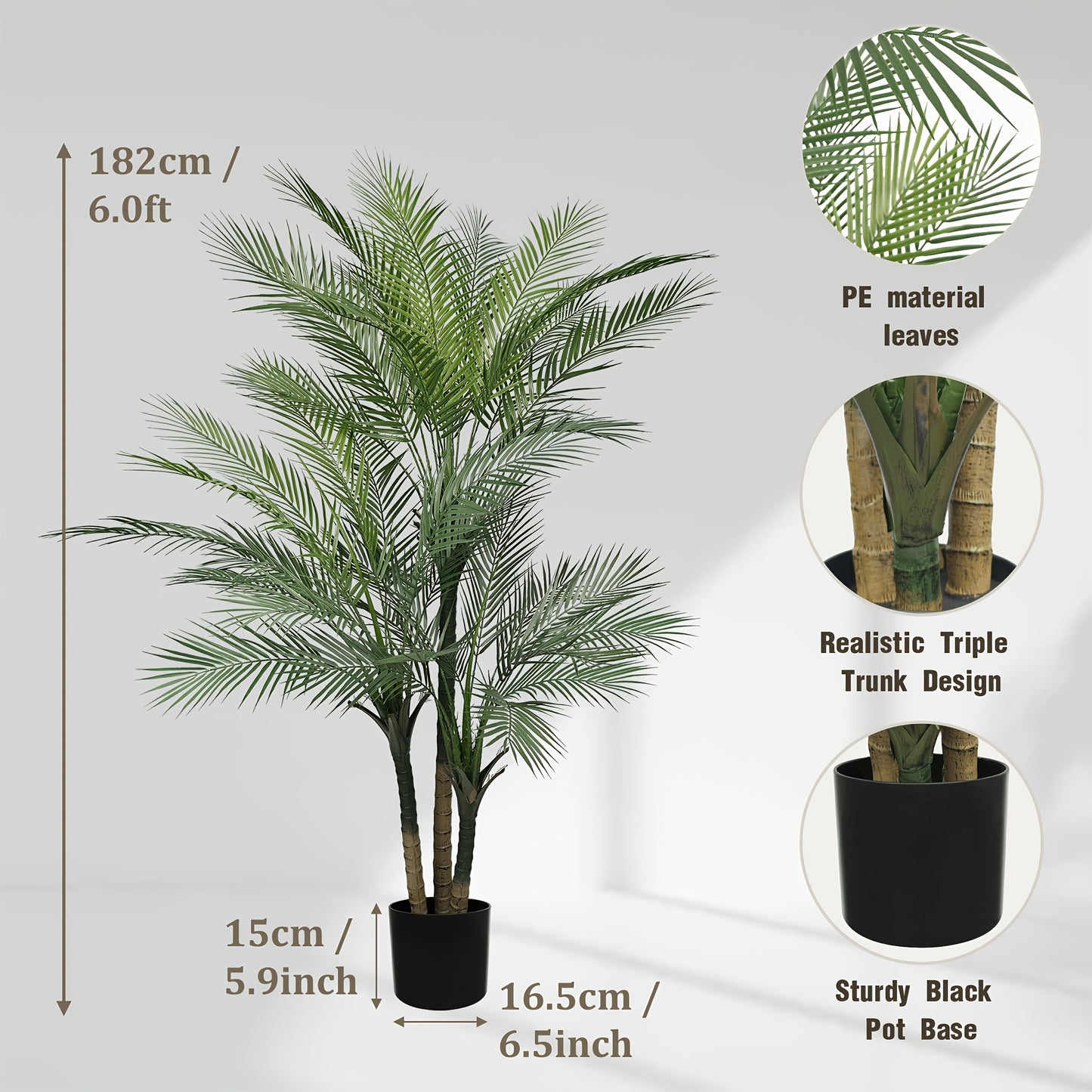 Artificial Palm Tree Fake Indoor Plant – 4/5/6FT Faux Tropical Areca Palm with Realistic Leaves, Planter Options, for Living Room Bedroom Office Patio Home Decor