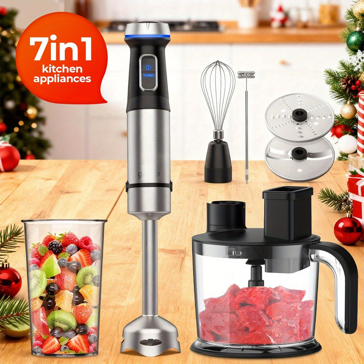 Ganiza Handheld Immersion Blender, 7-in-1 Hand Blender, 15 Variable Speed And Turbo Modes Emulsifying Blender Stainless Steel Stick Blender With 50.72oz Food Processor And 6 Other Pieces, Meat Chopper, Christmas Gifts