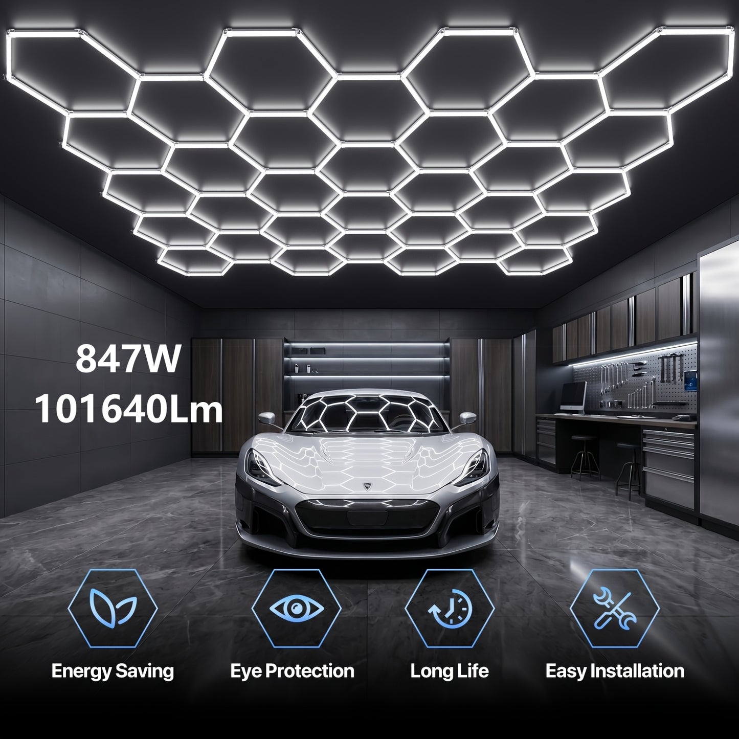 LED Hexagonal Garage Light 6500K – Super Bright Daylight White Shop Light 42W–620W for Auto Detailing, Warehouse, Workshop, Basement & Gym (1 to 32 Grids, Hex Frame Available)