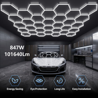 LED Hexagonal Garage Light 6500K – Super Bright Daylight White Shop Light 42W–620W for Auto Detailing, Warehouse, Workshop, Basement & Gym (1 to 32 Grids, Hex Frame Available)