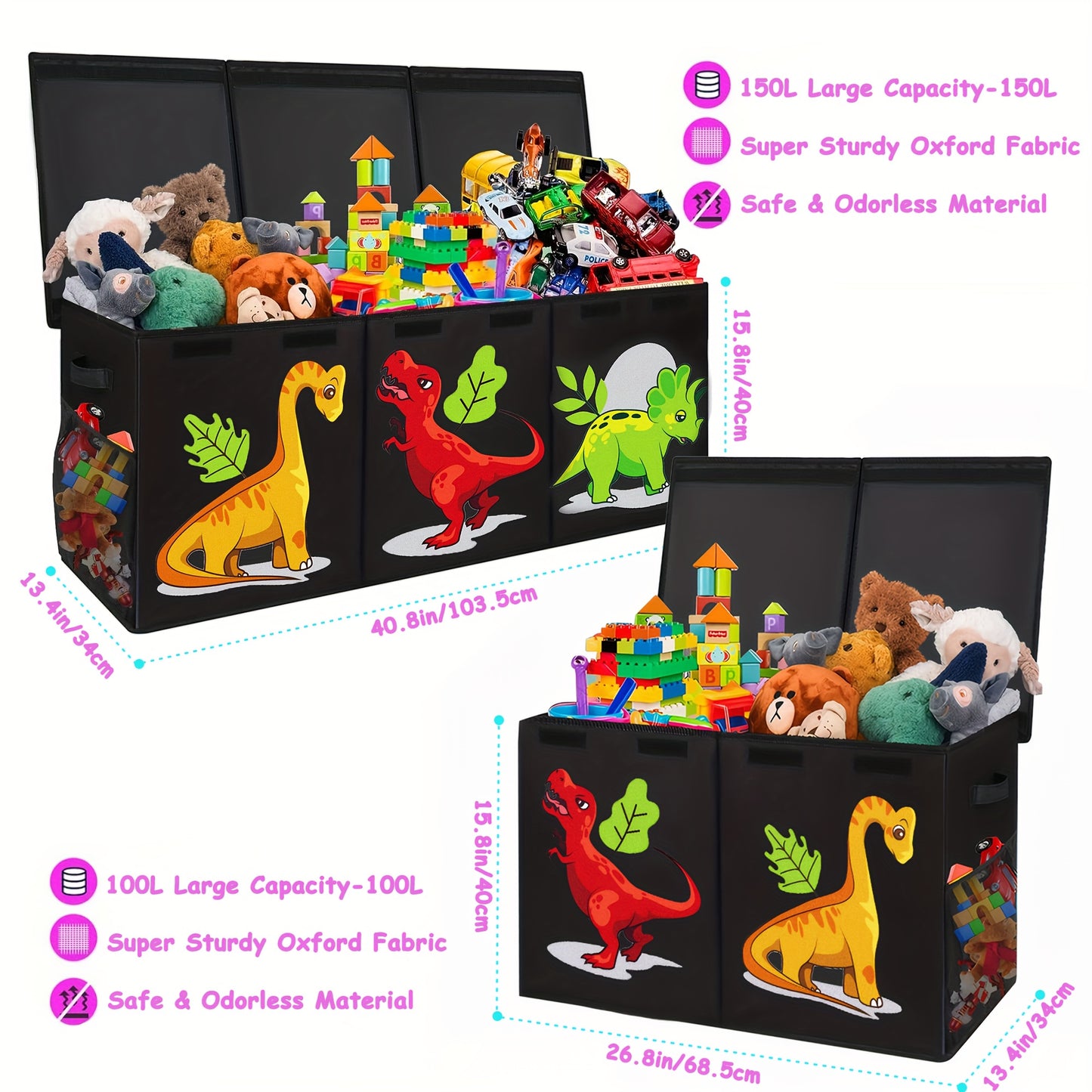 Extra Large Collapsible Box with Lids - Sturdy Storage Organizer for, Black Pink Chest Bin for 3+ Boys & Girls, Perfect for Playroom, Bedroom, Nursery, Storage Organizer, Playroom Organizer - Vibrant Illustrations, Durable Cardboard