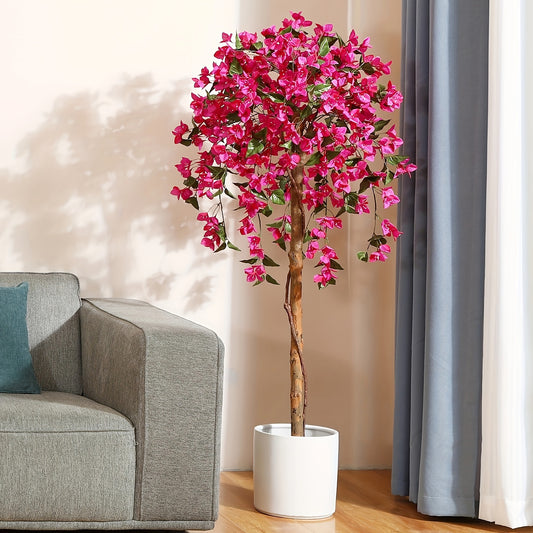 Artificial Bougainvillea Tree 5ft Faux Potted Plant with Wood Trunk Pink Flowers for Living Room Office Home Decor Housewarming Gift