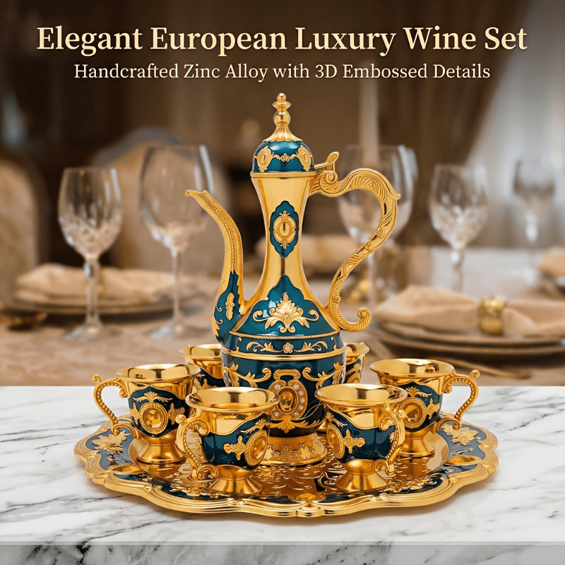 Zinc Alloy Material, A Stylish And Durable Set Of Golden Coffee Pot, European-style Tea Set, 6 Luxurious Coffee Cups, Elegant And Generous Guest Drinking Utensil Set, Craft Tea Tray And Teapot, Used For Tea, Coffee, Cappuccino
