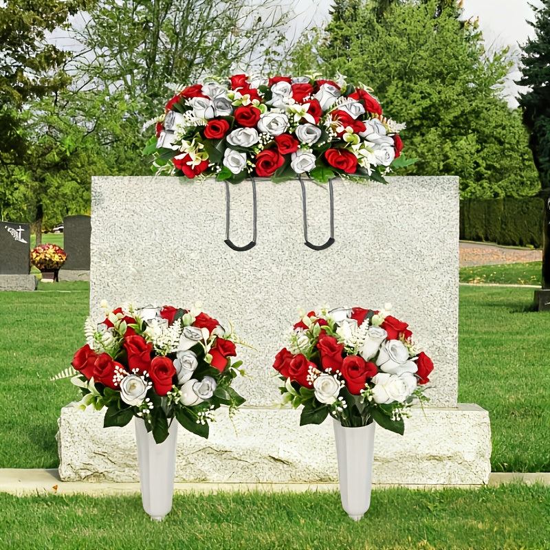 Artificial Cemetery Flowers for Grave with Saddle, Silk Rose Bouquet Headstone Decoration, Memorial Day Grave Flowers, Outdoor Grave Marker Floral Arrangement, 1/2/3 PCS