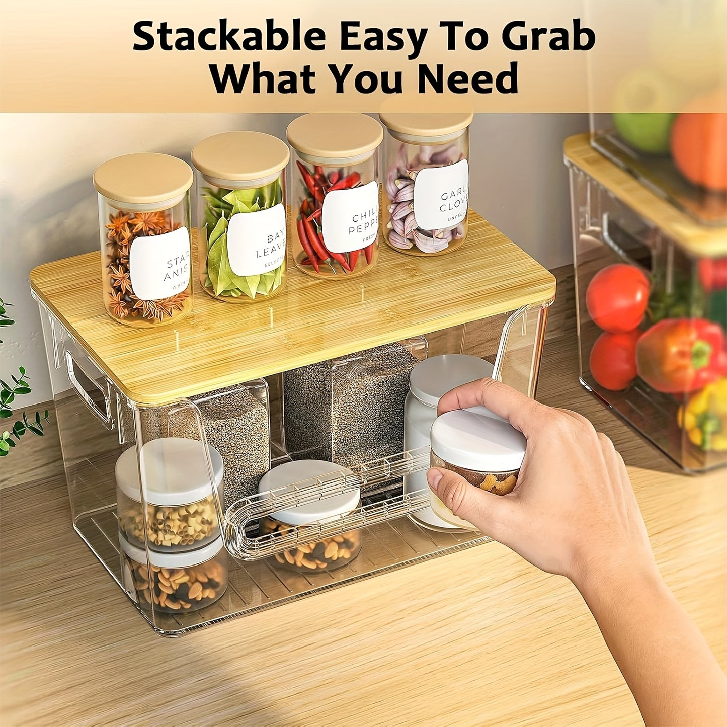 Stackable Kitchen Food Storage Organizer Boxes Clear Acrylic 2 Pack | Extra Large Transparent Produce Storage for Onions Potatoes Fruits Vegetables | Cabinet Pantry Space Saver with Garbage Bags