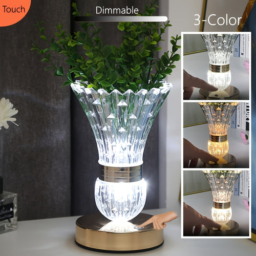 KEPEAK Crystal Table Lamp - Crystal Vase Table Lamp with Adjustable Brightness, USB-Powered and Rechargeable, Includes 2 USB Power Cables, Touch Control, Ultra-Long Battery Life - Perfect for Nightstands, Desks, Living Rooms, Bedrooms, and Home
