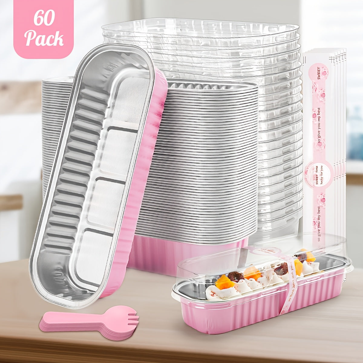 60pack Mini Loaf Pans with Lids And Spoons Rectangular Aluminum Foil Baking Pans Mini Cheesecake Containers 6.8oz(Pink)