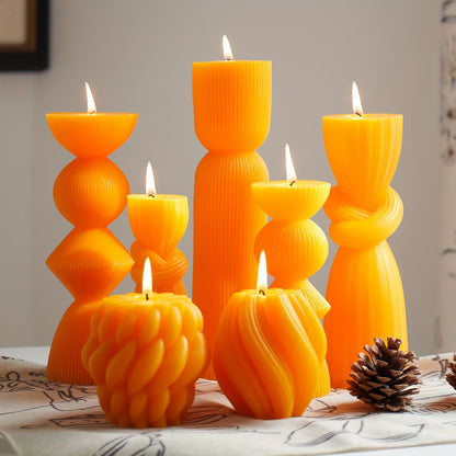 7-Pack Large Ribbed Pillar Candles - Soy Wax Handmade Home Decor Candles For Housewarming Gift, Shelf Decor, Wedding, Dining Table Centerpiece
