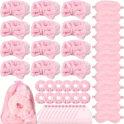 24/48 Pack Pink Party Spa Party Packs - 6/12 Headbands, 6/12 Sleep Masks, 6/12 Hair Bands, 6/12 Organza Gift Bags - Suitable for Bachelorette Parties, Bridal Showers, And Mother'S Day Gifts - The Best Set of Supplies for A Party Event