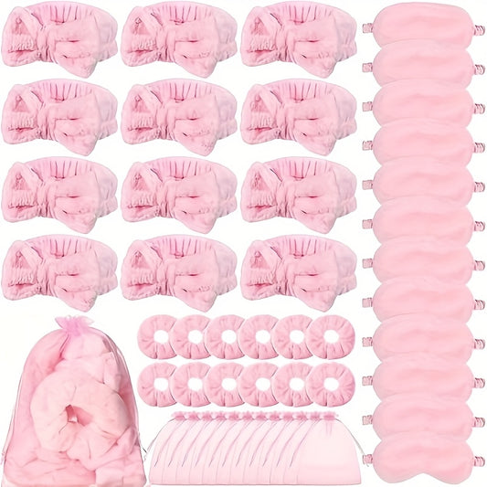 24/48 Pack Pink Party Spa Party Packs - 6/12 Headbands, 6/12 Sleep Masks, 6/12 Hair Bands, 6/12 Organza Gift Bags - Suitable for Bachelorette Parties, Bridal Showers, And Mother'S Day Gifts - The Best Set of Supplies for A Party Event