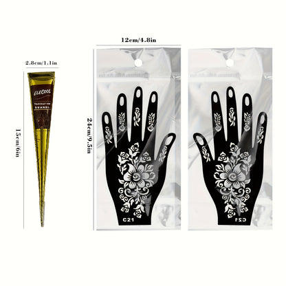 Temporary Semi-Permanent Tattoo Paste Kit - Waterproof Body Art Gel in Brown & Black with Tattoo Templates, Safe Non-Irritating Henna-Style Ink for Parties, Festivals, Cosplay & Daily Decoration