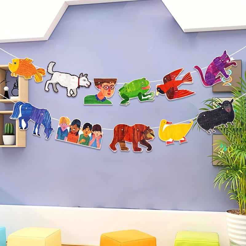 1pc Hoojojo'S Brown Bear And Friends Banner, a 3-Meter Long Paper Garland, Perfect for Educational Wall Decoration in Nurseries And Kindergartens, Also Suitable for Book-Themed Celebrations