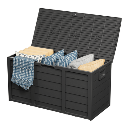 75 Gallon Outdoor Storage Box Deck Box with Handles | Large Waterproof Lockable Cabinet for Pool Accessories, Garden Tools & Camping Gear – Easy Assembly Yard Storage Bin, Pure Black