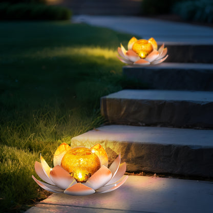 Solar Lotus Garden Lights 2-Pack – Rustic Iron Outdoor Stake Light with Cracked Glass Globe, IPX4 Waterproof Solar Powered Yard Lawn Patio Pool Decor, Warm Glow Landscape Lighting Gift