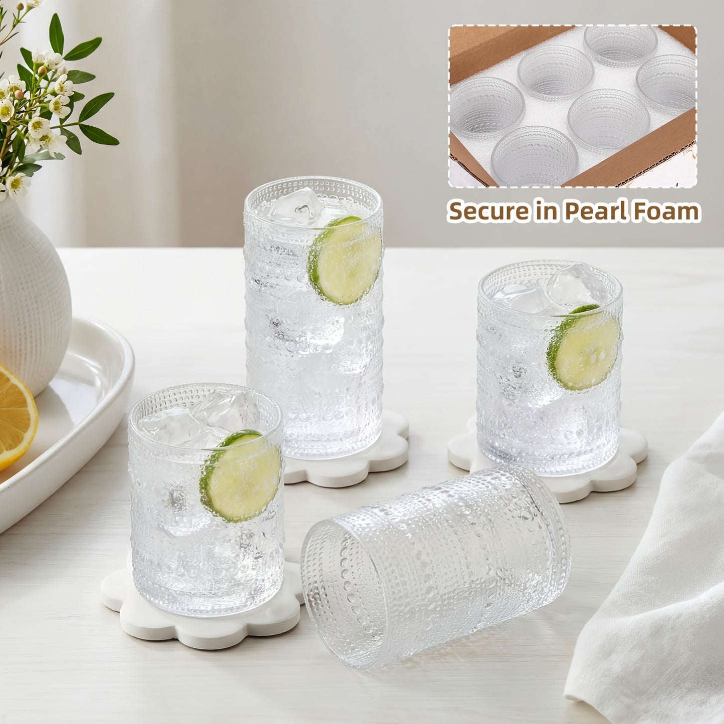 12pcs Drinking Glasses, 12 Oz/10 Oz Highball Glasses &Juice Glasses, Clear Embossed Boho Glass Cups Kitchen Glassware Set For Coffee, Juice, Milk, Hand Wash Only(Dishwasher Can Cause Fading), For Christmas
