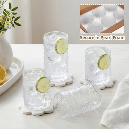 12pcs Drinking Glasses, 12 Oz/10 Oz Highball Glasses &Juice Glasses, Clear Embossed Boho Glass Cups Kitchen Glassware Set For Coffee, Juice, Milk, Hand Wash Only(Dishwasher Can Cause Fading), For Christmas