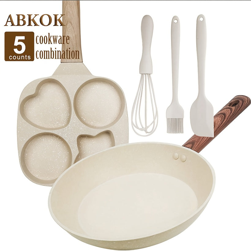 5pcs Non-Stick Cookware Set, Includes Egg Frying Pan, Pancake Skillet, and Kitchen Utensils, Beige