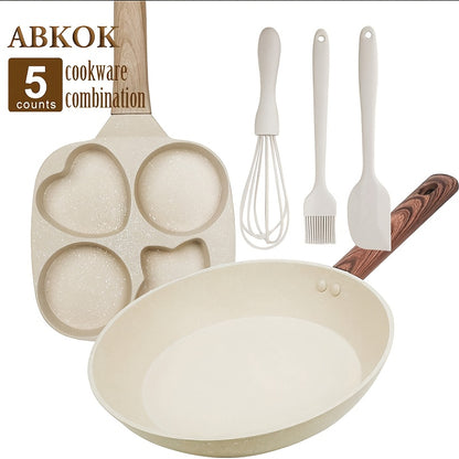 5pcs Non-Stick Cookware Set, Includes Egg Frying Pan, Pancake Skillet, and Kitchen Utensils, Beige