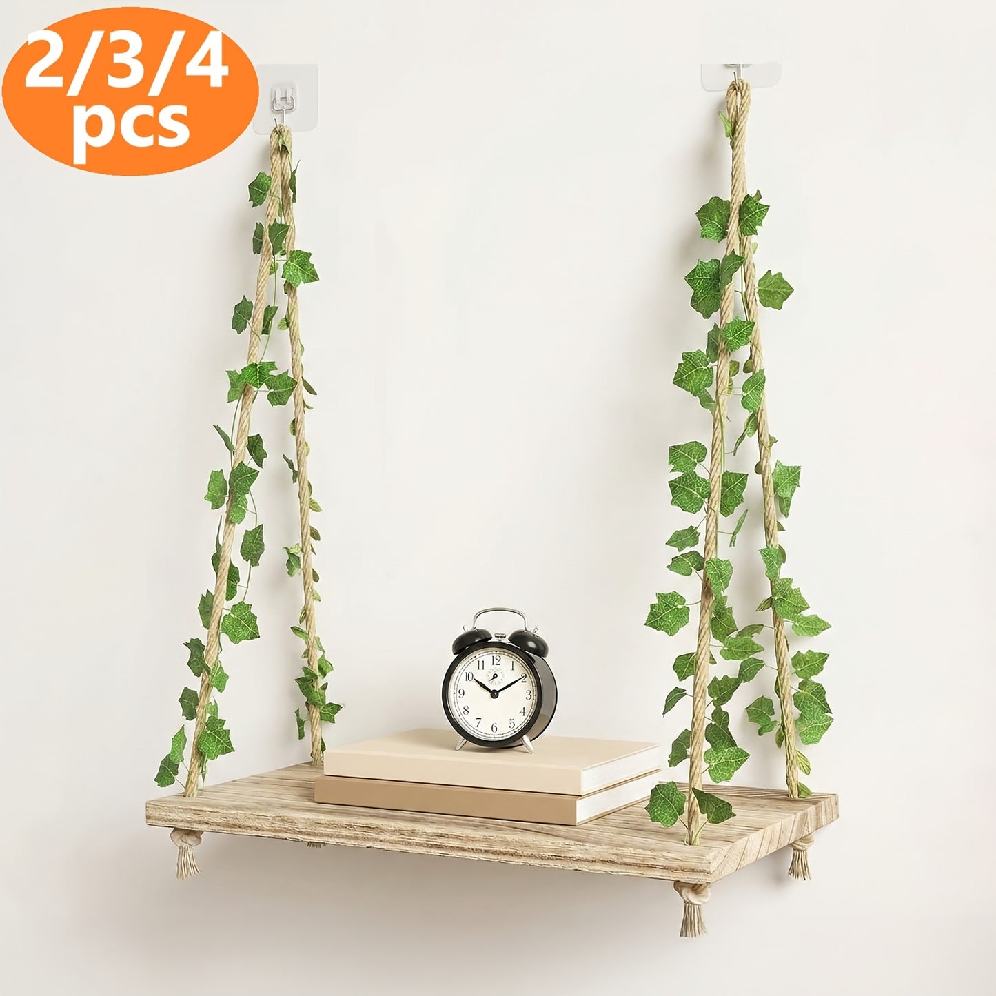 TOMNK 2pcs/3pcs/4pcs Artificial Ivy LED-Strip Floating Shelves, Macrame Hanging Shelves Plant Wall Decor, Rustic Boho Wood Wall Storage Shelves For Bedroom, Living Room, Bathroom Decor, 15.7 Inches