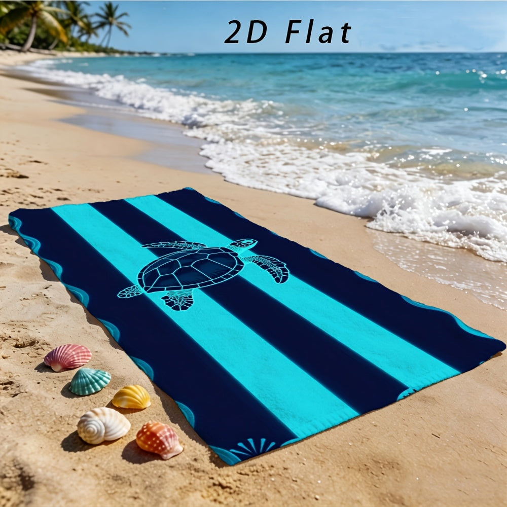 1pc Beach Towel, Blue Striped Sea Turtle Print, Soft Absorbent Nautical Themed Towel, Stylized Turtle Wave Pattern, Perfect for Beach Trips, Pool Days, Summer Vacations, or as a Gift for Ocean Lovers, Durable Lightweight, Adds a Cool, Coastal Vibe