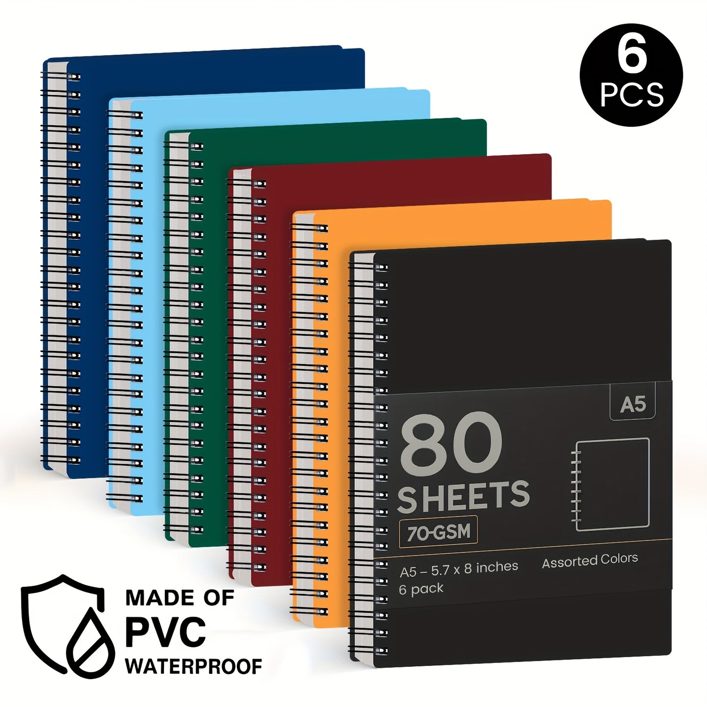 6pcs Hardcover Spiral Notebook -Spiral Journals, Lined Notebook, College Ruled, No Bleed, Thick Durable Paper A5, 480 Sheets/960 Pages, 6 Colors, Perfect for Work, Family, School Supplies