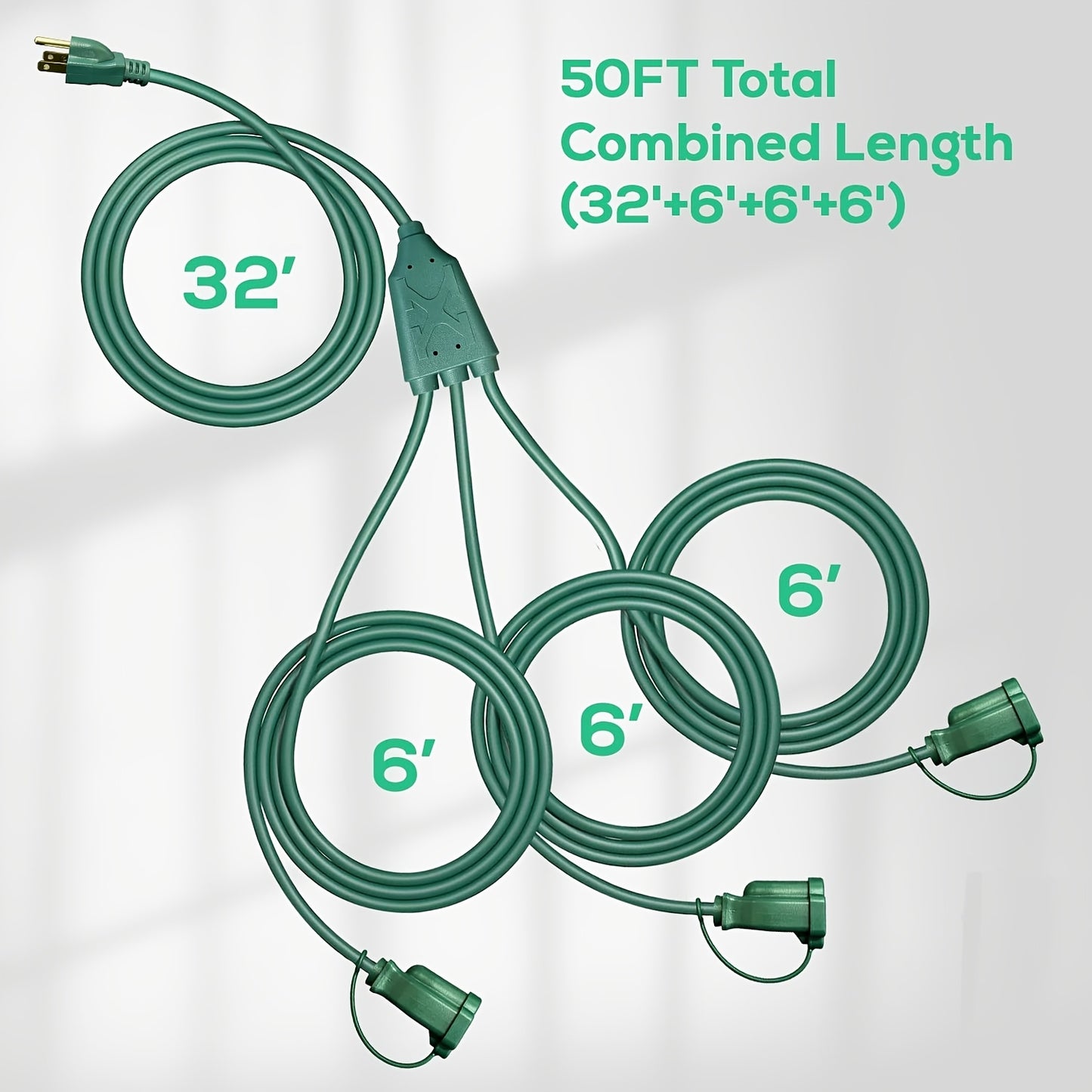 Extension Cord Splitter 1 to 3 Outlets 25FT 50FT 16/3 SJTW Pure Copper Core UV-Resistant PVC Jacket 3 Grounded Outlets for Holiday Decoration Christmas Lights Outdoor Indoor Patio Garden Black Green