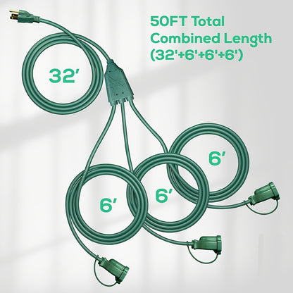 Extension Cord Splitter 1 to 3 Outlets 25FT 50FT 16/3 SJTW Pure Copper Core UV-Resistant PVC Jacket 3 Grounded Outlets for Holiday Decoration Christmas Lights Outdoor Indoor Patio Garden Black Green