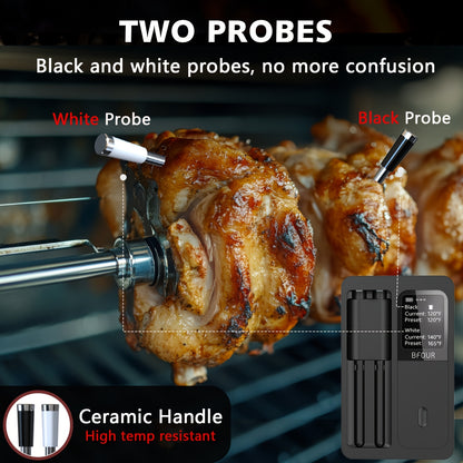 Wireless Meat Thermometer with Dual Probes USB Rechargeable | 2-Probe Digital BBQ Thermometer for Smoker Oven Grill Kitchen | 304 Stainless Steel Food Safe | iOS & Android App Compatible