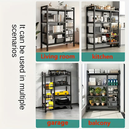 1pc Movable Storage Rack, Adjustable 4-storey Kitchen Shelf With 3 Wire Baskets, Kitchen Organizer And Storage, Metal Shelf Rack With Wheels, Suitable For Garage, Pantry, Bathroom, Closet, Warm House Gift, New Home, Standing Shelf