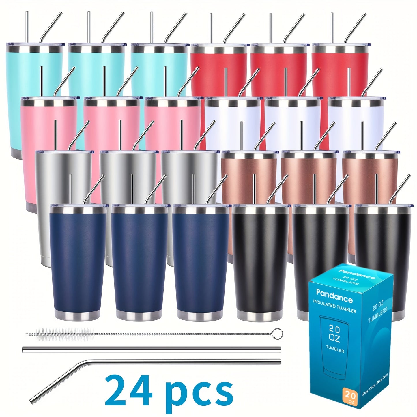 8/12/24pcs 20Oz 304 Stainless Steel Insulated Tumblers with Lid And Straw Bulk, Double Wall Vacuum Water Cups for Hot & Iced Coffee Drinks Travel Mug