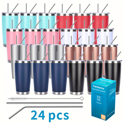 8/12/24pcs 20Oz 304 Stainless Steel Insulated Tumblers with Lid And Straw Bulk, Double Wall Vacuum Water Cups for Hot & Iced Coffee Drinks Travel Mug