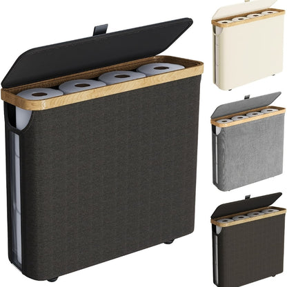 Toilet Paper Storage Basket with Bamboo Lid – Large Capacity Holds 9-12 Rolls | 600D Oxford Cloth Dustproof Bathroom Organizer | Modern Farmhouse Tissue Roll Holder for Bathroom