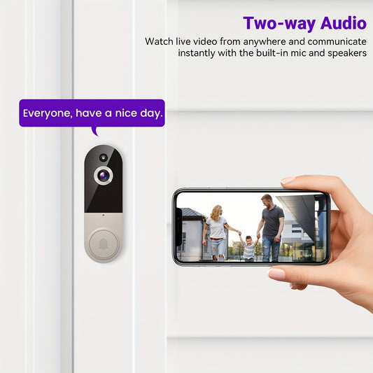 1440P Wireless Smart Doorbell, Wifi Camera, Night Vision Function, Artificial Intelligence Snapshot, Rechargeable Battery, Photo And Video Taking, Two-Way Intercom, Local Storage