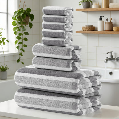 9/15pcs Classic Towel Set, No Hair Loss, Super Absorbent, Super Soft Two-color Striped Interval Bath Towel Combination, Including 2 Large Bath Towels, 2 Large Face Towels, 5 Hand Towels, Bathroom Supplies, And Beach Essentials, Wash Cloths