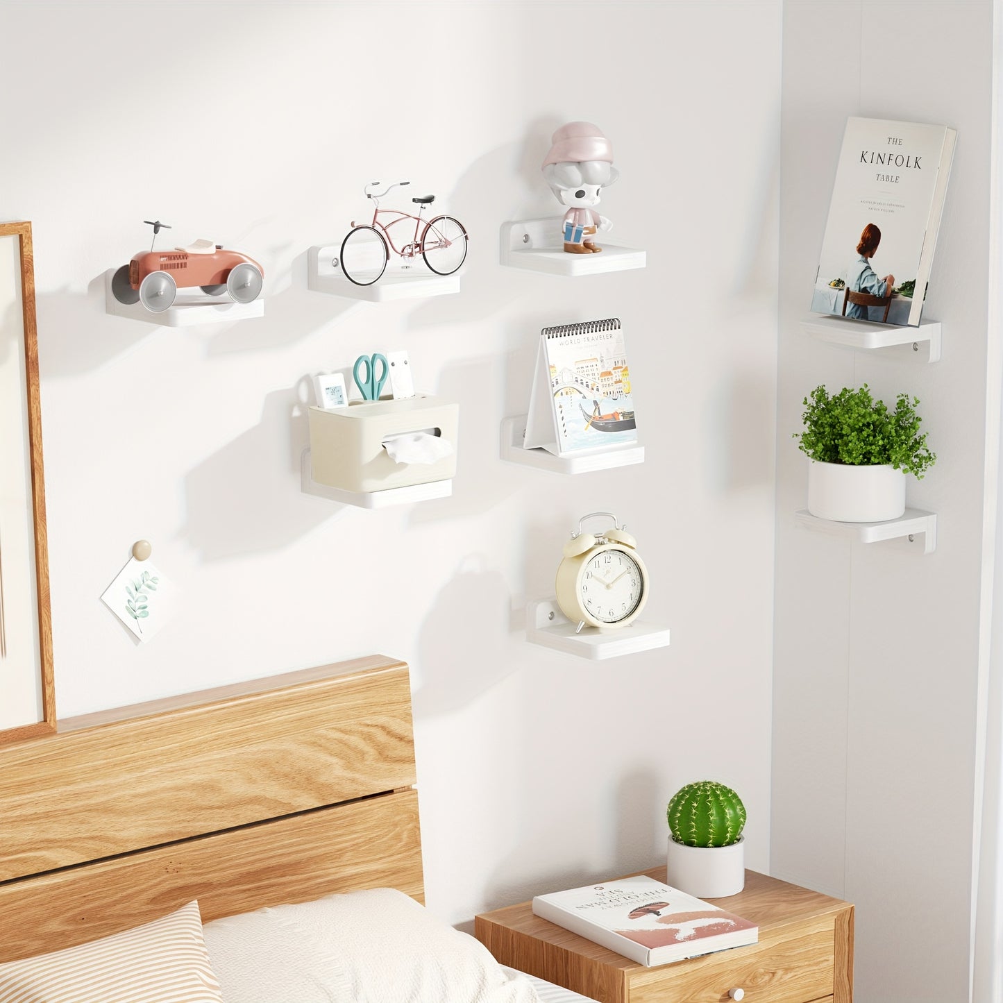 Set of 8 Small Wall-Mounted Wooden Shelves, Each 4 Inches, Ideal for Decoration And Storage, Perfect for Use in Bedrooms, Bathrooms, Kitchens, And Offices (White), Floating Shelves