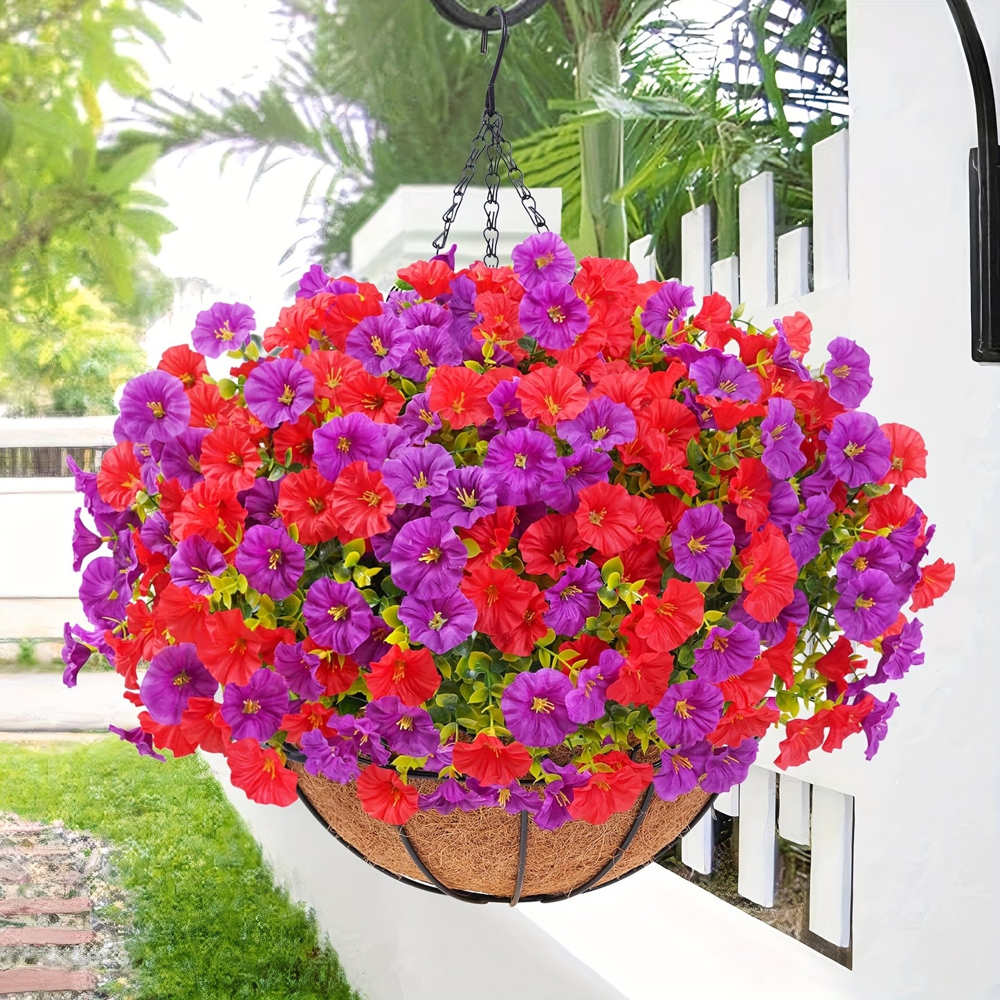 Artificial Hanging Flowers Outdoor UV-Resistant Fake Petunias with Planter Basket – Realistic Faux Hanging Plants for Garden Patio Porch Balcony Railing Decor