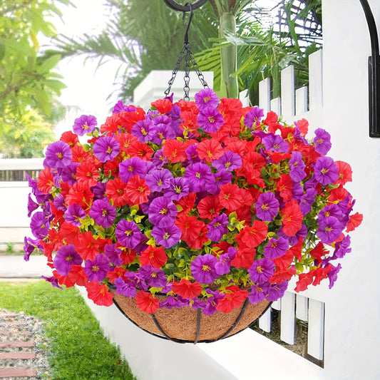 UV-Resistant Artificial Hanging Flowers Suitable for Outdoors, Fake Petunias with Container - Realistic Hanging Plants for Garden, Patio, Porch Decor, Wedding & Mother' Day Decoration, Low-Maintenance Plastic Faux Flowers for Balcony Railings