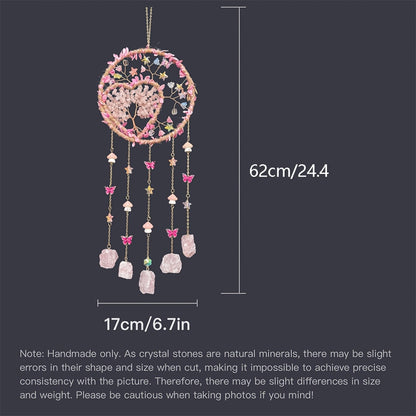 Boho Crystal Wall Hanging Decor – Handmade Stone Bead Wind Chime with Colorful Gemstone Heart & Circular Crystal Pendant for Bedroom Living Room Christmas Mother's Day Thanksgiving Gift (Purple/Pink/Green)