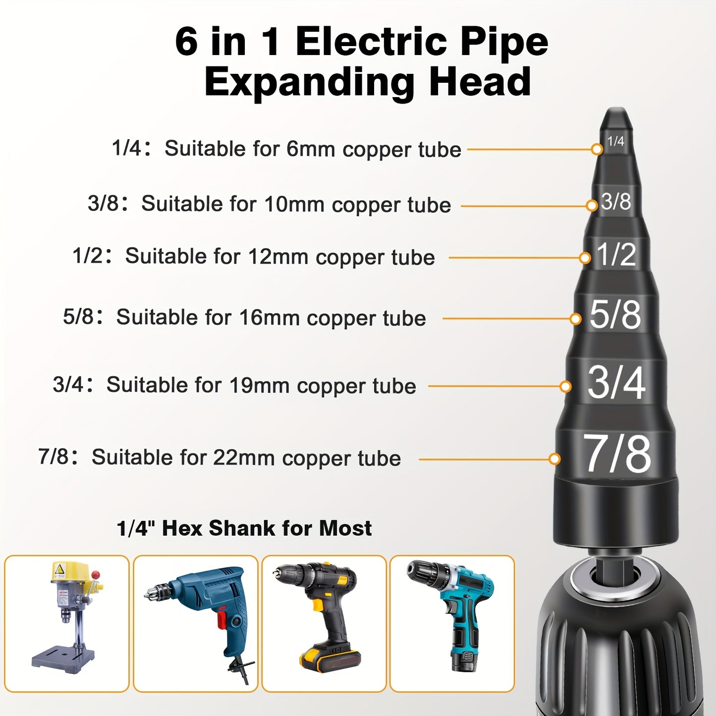 HVAC Repair Tool Set with Bit Holder, Air Conditioner Copper Pipe Tube Expander, Swaging Drill Tubing Set, 1/4", 3/8", 1/2", 5/8", 3/4", 7/8"