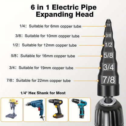 HVAC Repair Tool Set with Bit Holder, Air Conditioner Copper Pipe Tube Expander, Swaging Drill Tubing Set, 1/4", 3/8", 1/2", 5/8", 3/4", 7/8"