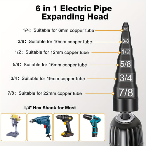 HVAC Repair Tool Set with Bit Holder, Air Conditioner Copper Pipe Tube Expander, Swaging Drill Tubing Set, 1/4", 3/8", 1/2", 5/8", 3/4", 7/8"
