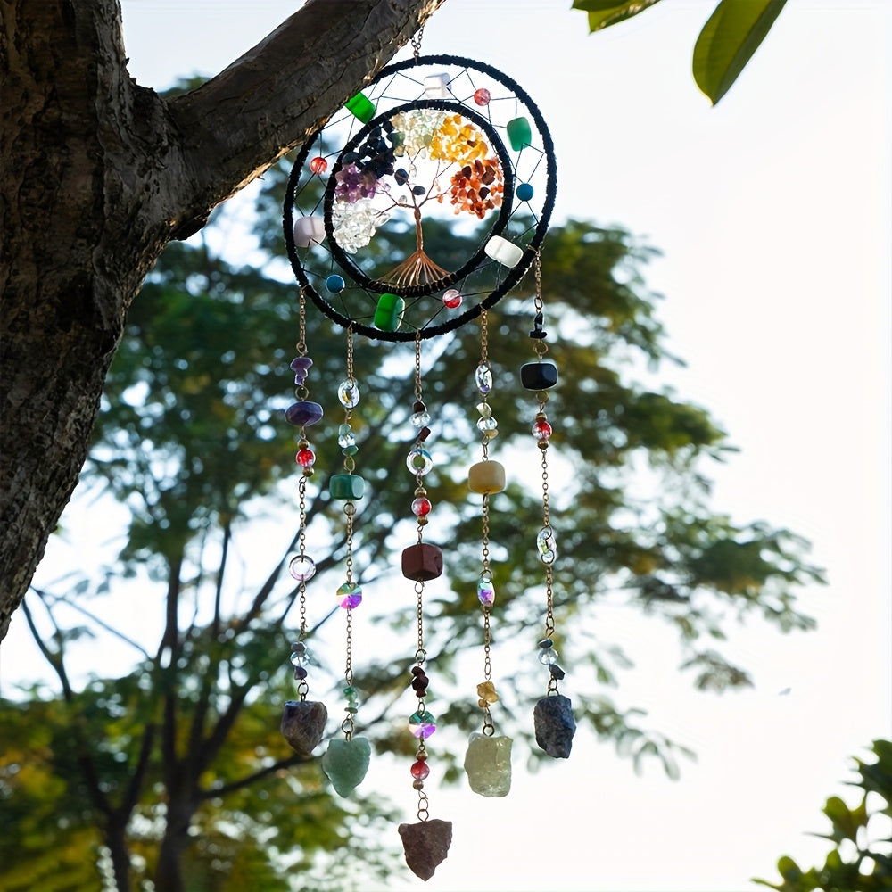 Handmade Bohemian Crystal Shattered Stone Sun Catcher & Wind Chime with Woven Life Tree Pendant - Shatter Crystal Stones Wind- Sound for /Outdoor Hanging Decor, Portable Nordic Wind Chime Suitable for Christmas, Weddings, Birthdays, New Year Gifts