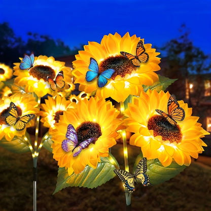 Solar Sunflower Garden Stake Lights 4 Pack | 12 Lifelike LED Flowers IP44 Waterproof Auto On Off | Floral Path Lighting for Patio Yard Porch with 8 Clip-On Butterfly Accessories