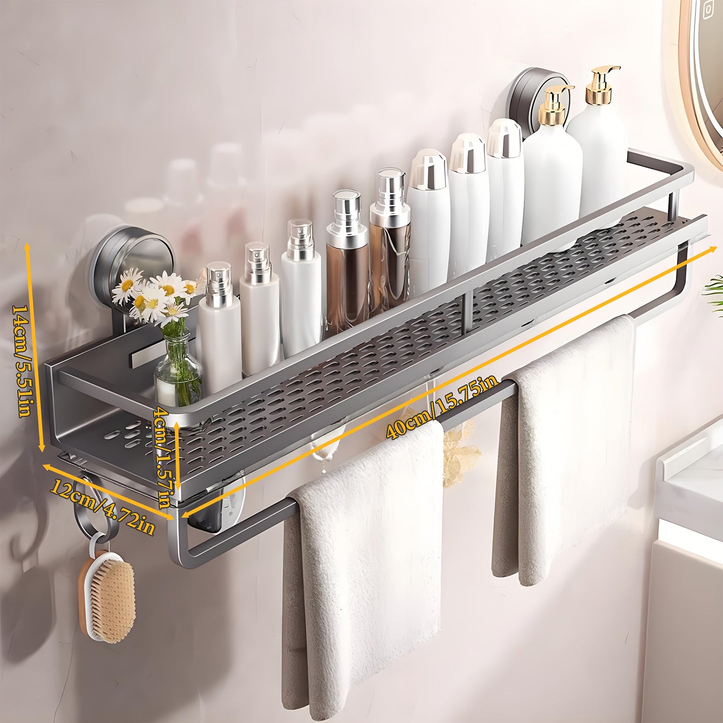 1pc Easy-Install Suction Cup Shower Caddy, Wall-Mounted Organizer for Shampoo & Soap with Towel Holder, Heavy-Duty Floating Shower Shelve for Shower Accessories - Strong Adhesive, Bathroom Organizers And Storage, Shower Organizer, Bathroom Shelves