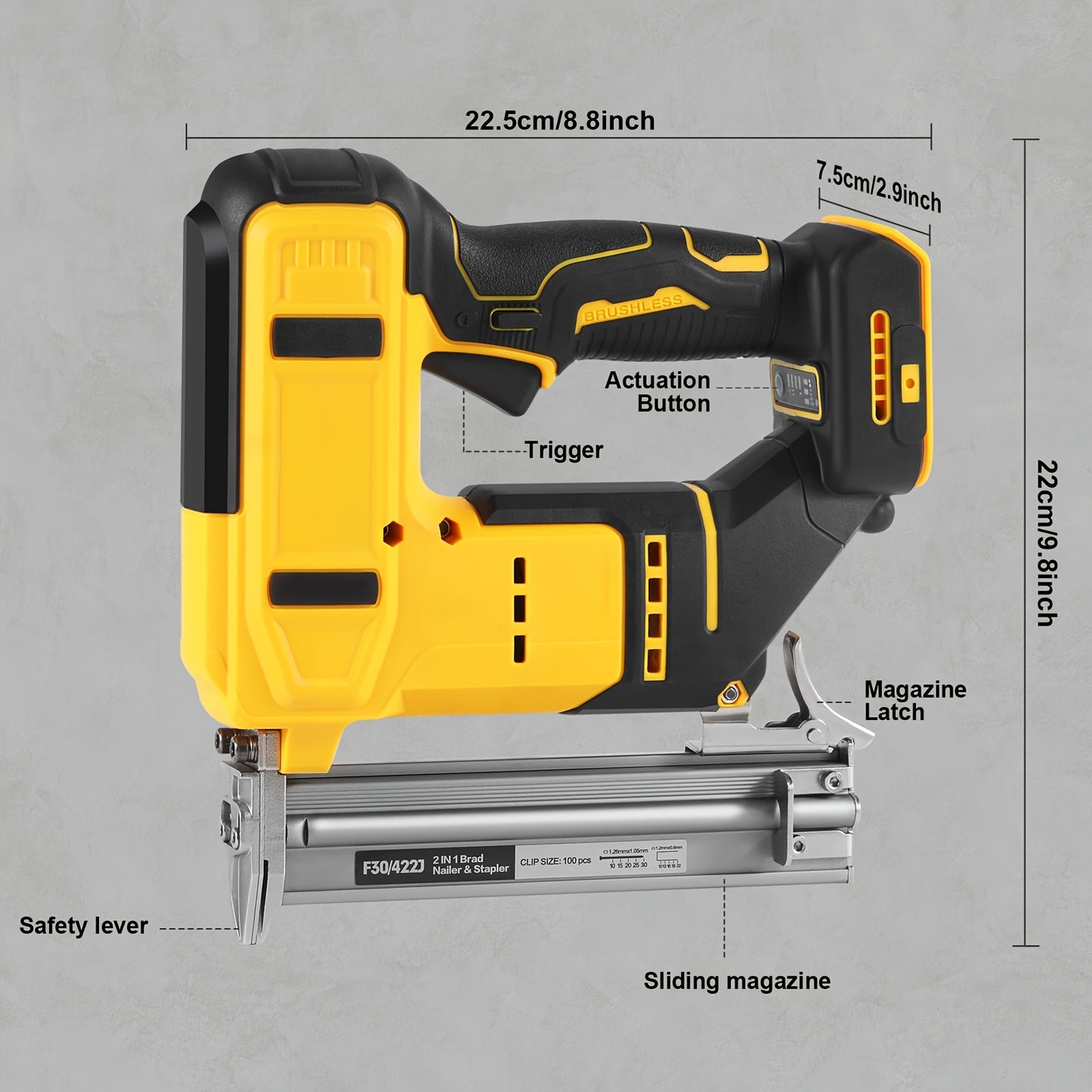 2-In-1 Cordless Brad Nailer And Stapler, Compatible with DEWALT 20V MAX Battery, Brushless Heavy-Duty, Safety Lock, 1-3/16" Nails And 7/8" Staples, Ideal for Flooring And Trim (Tool Solely, NO Battery)