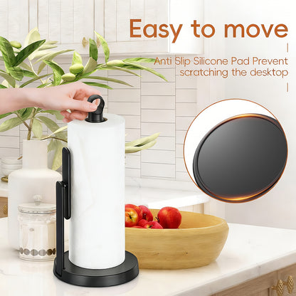 Heavy-Duty Stainless Steel Paper Towel Holder with Tension Arm-Easy One-Handed Tear, Modern Standing Countertop Dispenser for Kitchen, Holds All Paper Towel Rolls