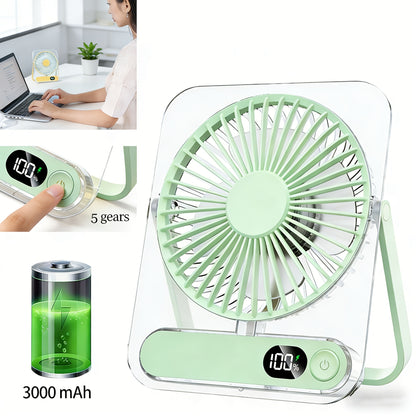 Portable USB Desktop Fan With 3000 MAh Battery - Ultra-quiet, 5 Speeds, 180° Adjustable And Foldable Design, Digital Power Display, Suitable For Home, Office And Travel Use, Comparable To Air Conditioning