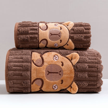 Cute Capybara Face 2pcs Bath Towel Set, Super Soft Coral Fleece, 34X74In Towel And 70X140In Bath Sheet, Ultra Absorbent Quick-Dry Bath Towels for Spa, Gym, Hotel, Guest Bathroom